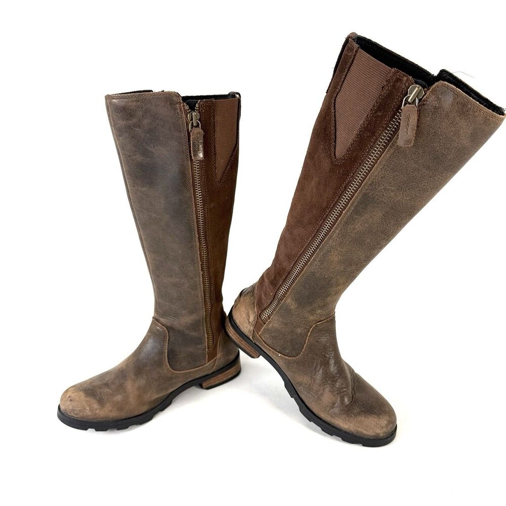 Sorel Boots Womens 6.5 Emelie Tall Riding Brown Leather Side Zip Knee High Block